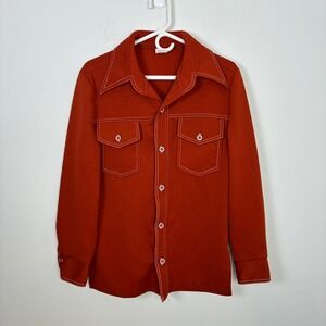 Vintage 1970s Polyester Button Down Shirt Men's Small Rust Orange Western Retro